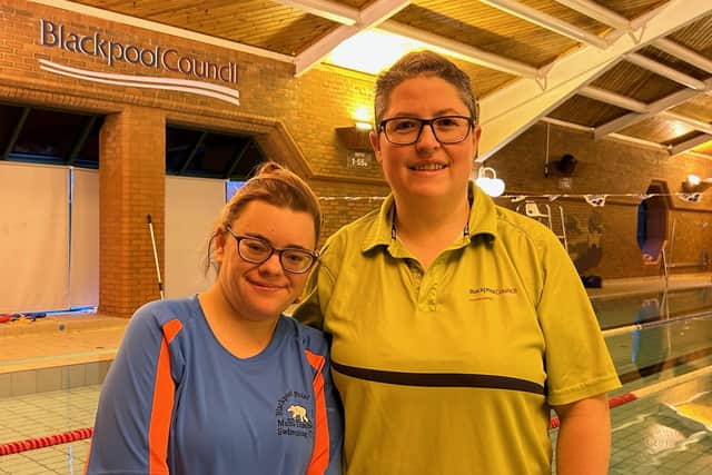 Charlotte Foster, 27, has been selected for Special Olympics World Summer Games in 2022. Pictured with her coach Emma Inglis at Moor Park Pool where she trains with the Blackpool Polar Bears multi-disability swimming club.