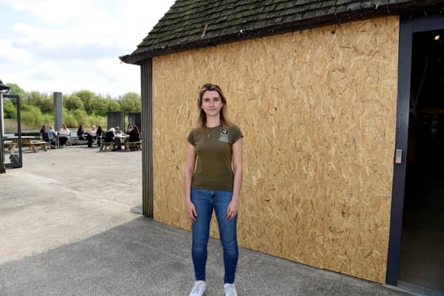 Alice Singelton at Brockholes Visitor Centre where vandals have broken windows and doors