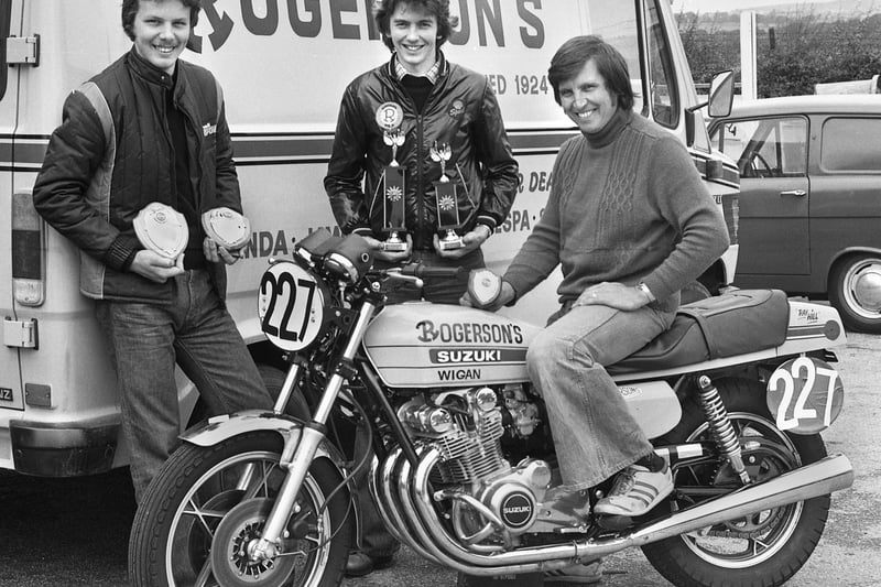 Local motorbike racers sponsored by Rogersons of Orrell Post who were successful in July 1978.
Left is Dave Dean of Up Holland who won both the 500cc races on his Rogerson Yamaha 350cc and was third in the 100cc race at Carnaby, Yorkshire, middle is Steve Hodgson of Shevington who won the production race and was second in the 500cc race riding a 400cc Rogersons Yamaha at the Longridge circuit near Preston and Wigan's Ray Hill who was second in the production race at Carnaby on his Rogersons Suzuki 100cc, his first time out on the machine.
