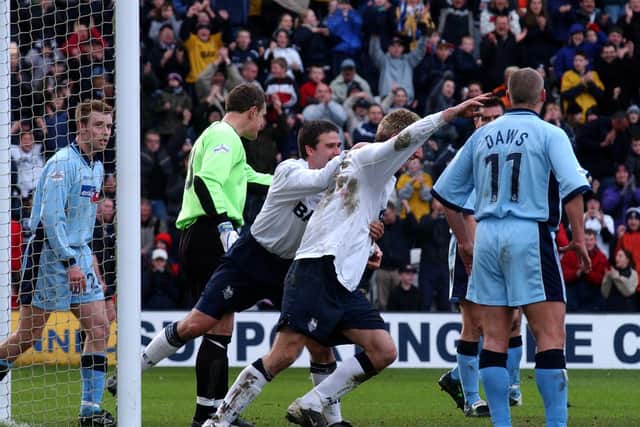 Richard Cresswell is congratulated on the first goal for Preston North End against Rotherham United at Deepdale