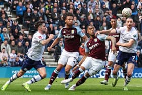 Will Keane battles with Aston Villa’s Ezri Konsa (photo: Lee Parker/CameraSport)