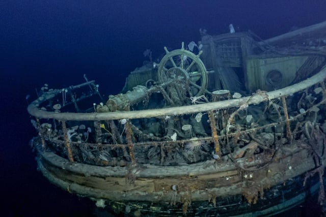 The taffrail, ship's wheel and aft well deck on the wreck of Endurance.