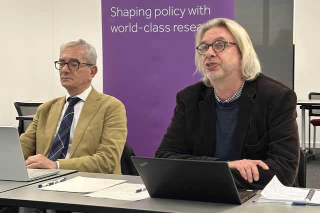 Professor Martie van Tongeren (right) and Professor Pierluigi Cocco addressing the All-Party Parl. Photo: The University of Manchester