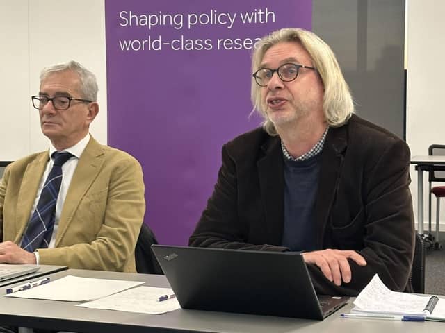 Professor Martie van Tongeren (right) and Professor Pierluigi Cocco addressing the All-Party Parl. Photo:  The University of Manchester