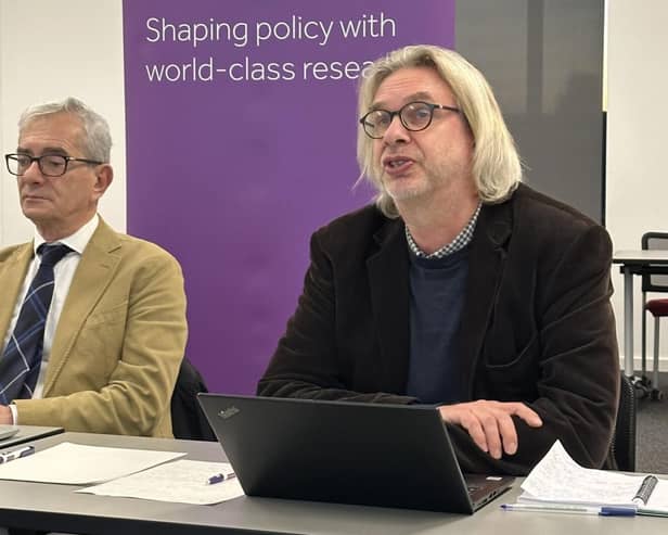 Professor Martie van Tongeren (right) and Professor Pierluigi Cocco addressing the All-Party Parl. Photo:  The University of Manchester
