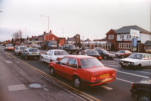 The notorious junction of Fulwood's Garstang Road and Black Bull Lane choked with traffic back in 1994