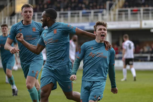 Jack Hazlehurst celebrates his winner against Hereford (photo: David Airey/dia_images)