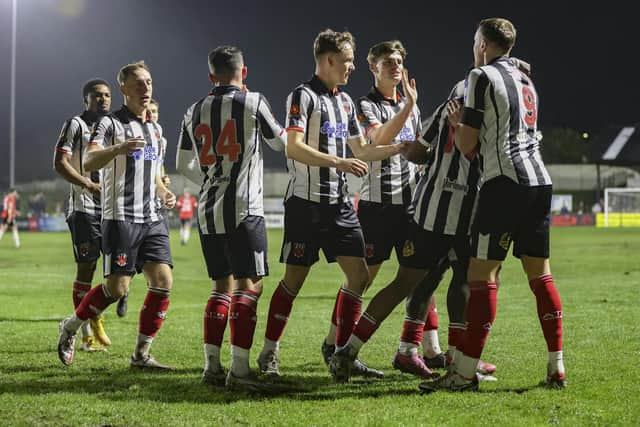 Chorley celebrate Carlton Ubaezuonu's winner against Tamworth (photo: David Airey/dia_images)