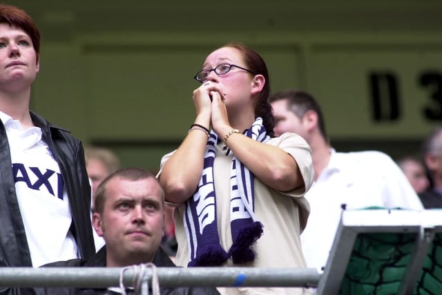 Pain etched on the face of this PNE fan at the end at the Millennium Stadium, Cardiff