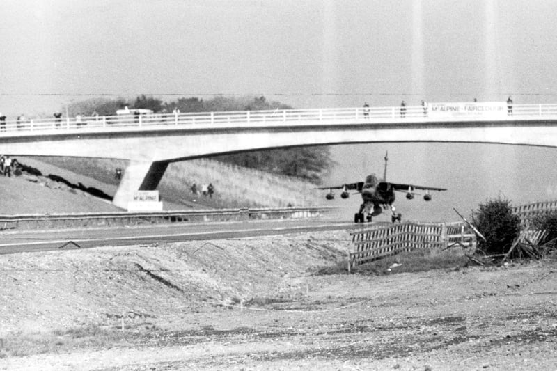 In April 1975 British Aerospace demonstrated the versatility of the Jaguar fighter by turning the almost completed M55 at Weeton into a runway.
Mock emergency landing