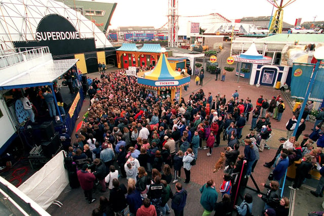 Crowds gather for Channel 4's Big Breakfast at Blackpool Pleasure Beach