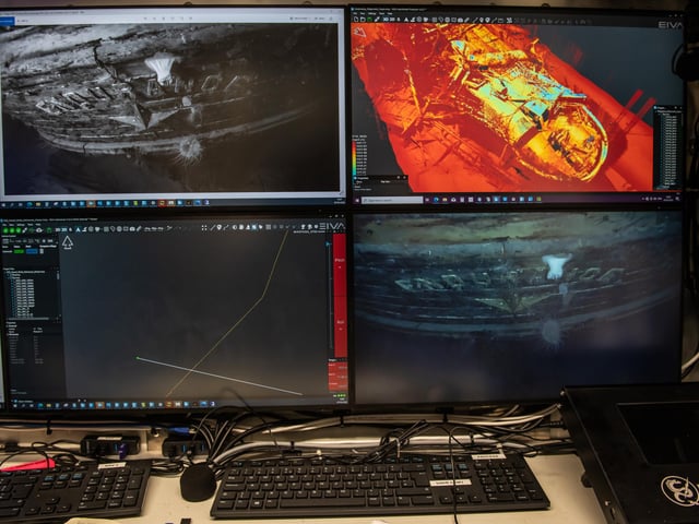 Photos, video and laser pictures of Endurance displayed in the control room on board of S.A.Agulhas II during the expedition to find the wreck of Endurance,
