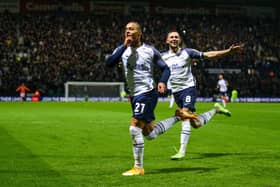 Cameron Archer celebrates scoring the winning goal against Blackpool in April.