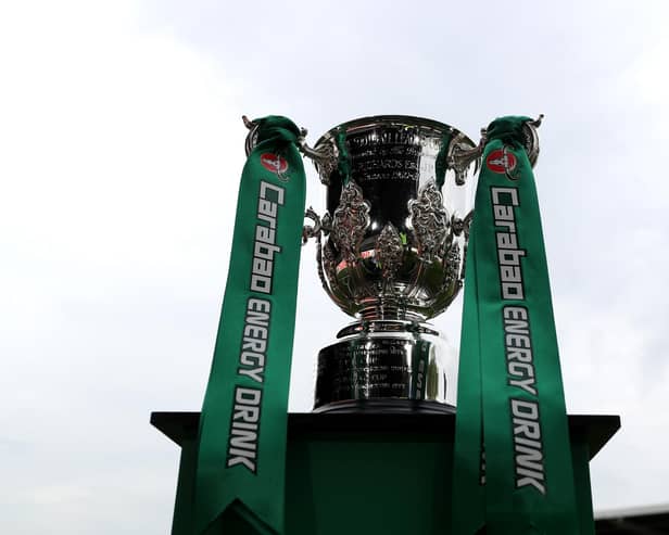 NEWPORT, WALES - AUGUST 27: The League Cup  Trophy ahead of kick off in the Carabao Cup Second Round match between Newport County and West Ham United at Rodney Parade on August 27, 2019 in Newport, Wales. (Photo by Catherine Ivill/Getty Images)