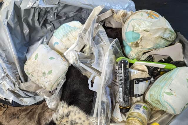 The Jack Russel type dog was found stuffed in a pillowcase among used nappies, tags for McKenzie sportswear, Disney baby clothes from George at Asda and jars of HIPP baby food