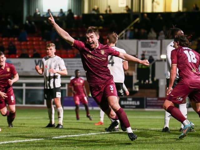 Harvey Smith wheels away following his late equaliser against Hereford (photo:Stefan Willoughby)