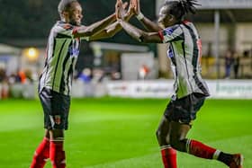 Chorley's David Moyo, right, and Carlton Ubaezonu celebrate the FA Cup win over Runcorn Linnets (photo: David Airey/@dia_images)