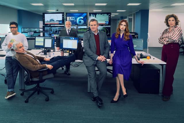 The cast of Douglas Is Cancelled. From left, Nick Muhammed, Ben Miles, Simon Russell Beale, Hugh Bonneville, Karen Gillan and Alex Kingston (Picture: Hartswood Films/ITV)
