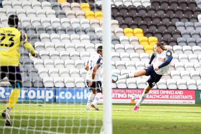 Preston North End's Brad Potts scores his side's first goal