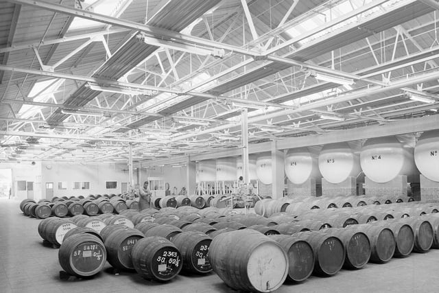 Barrels of beer at the Scottish and Newcastle Breweries Bottling and Blending Warehouse in Bath Street, Leith, in November 1963.