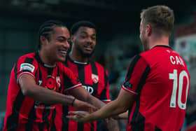 Miguel Azeez (left) scored in Morecambe's win at Gateshead last weekend Photo: Morecambe FC