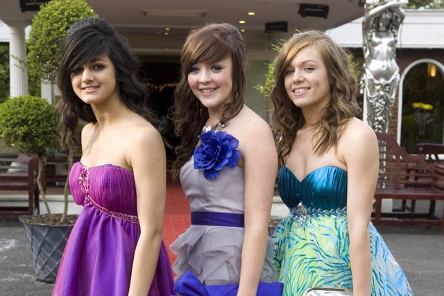 Sarisha Yallanki, 16, Anastasia Fox, 16, and Megan Coar, 16, on the red carpet for the Archbishop Temple High School prom at the Pines Hotel in Clayton-le-Woods in 2010