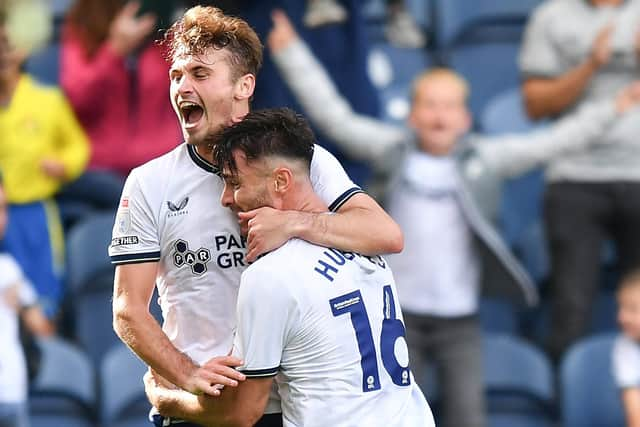 Andrew Hughes celebrates the equaliser with Ryan Ledson