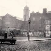 Back of the old Town Hall, Preston 1860. This property was built in 1781 and served the town until early 1862 when all was swept away in preparation for the new Town Hall which opened in 1867. This view is from Cheapside looking towards Fishergate