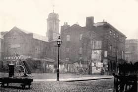 Back of the old Town Hall, Preston 1860. This property was built in 1781 and served the town until early 1862 when all was swept away in preparation for the new Town Hall which opened in 1867. This view is from Cheapside looking towards Fishergate