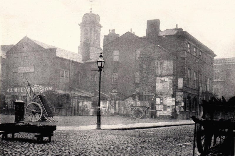 Back of the old Town Hall, Preston 1860. This property was built in 1781 and served the town until early 1862 when all was swept away in preparation for the new Town Hall which opened in 1867. This view is from Cheapside looking towards Fishergate