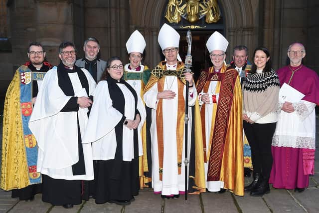 Pictured at the second service held for the new Honorary Canons are, l-r Rev. Canon James Lawrence; Rev. Canon Damian Porter; Canon Pete Baker; Rev. Canon Lucie Lunn; Rt Rev. Dr Jill Duff; Rt Rev. Philip North; Rt Rev. Dr Joe Kennedy; Rev. Canon Andrew Horsfall; Canon Becky Gilbert-Rule and Rt Rev. Canon Paul Swarbrick