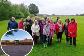 Members of the recently-formed Fight for Ashton Park group gather to oppose plans for a new car park and sports hub (pictured, inset) as well as a pay-to-play 3G football pitch (sports hub image: Preston City Council)