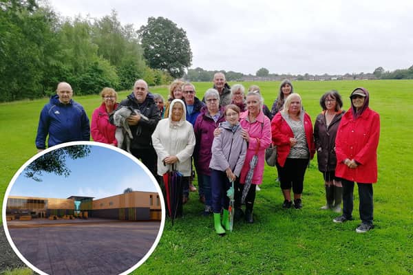 Members of the recently-formed Fight for Ashton Park group gather to oppose plans for a new car park and sports hub (pictured, inset) as well as a pay-to-play 3G football pitch (sports hub image: Preston City Council)