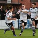 Rhys Turner, right, celebrates his goal with Isaac Sinclair, left, and Fin Sinclair-Smith (photo: Ruth Hornby)