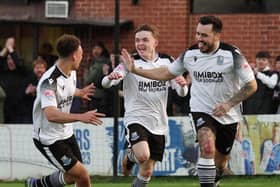 Rhys Turner, right, celebrates his goal with Isaac Sinclair, left, and Fin Sinclair-Smith (photo: Ruth Hornby)