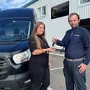 Shannon Evans, Logistics Co-ordinator at ICT Reverse, takes delivery of one of the new Ford Transit vans from Daniel Boden of Pye Motors