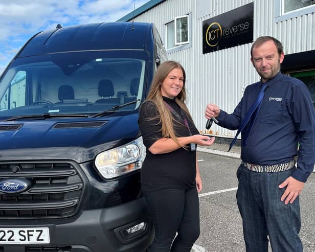 Shannon Evans, Logistics Co-ordinator at ICT Reverse, takes delivery of one of the new Ford Transit vans from Daniel Boden of Pye Motors