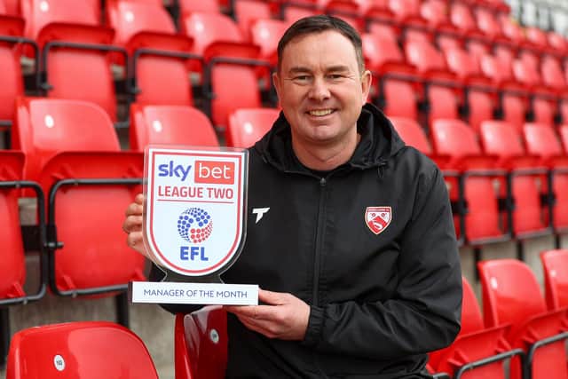 Derek Adams has won November’s Sky Bet League Two Manager of the Month award (photo: EFL/Morecambe FC)