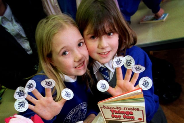 Hayley Brindle and Amy Collins get ready to mind the shop at the start of their Blue Peter Bring and Buy Sale at Queen's Drive School, Fulwood, Preston, in 1998