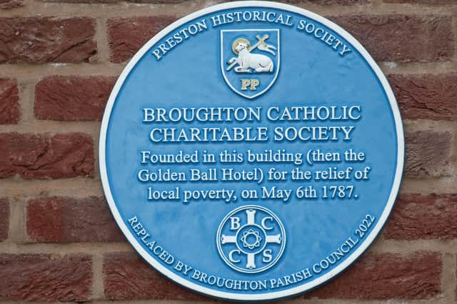 The new blue plaque commemorating the founding of the Broughton Catholic Charitable Society in the late 18th century (image: John Holland)