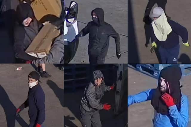 Police are asking for the public's help to identify these people after £90k worth of e-cigarettes and vapes were stolen from a business in Darwen (Credit: Lancashire Police)