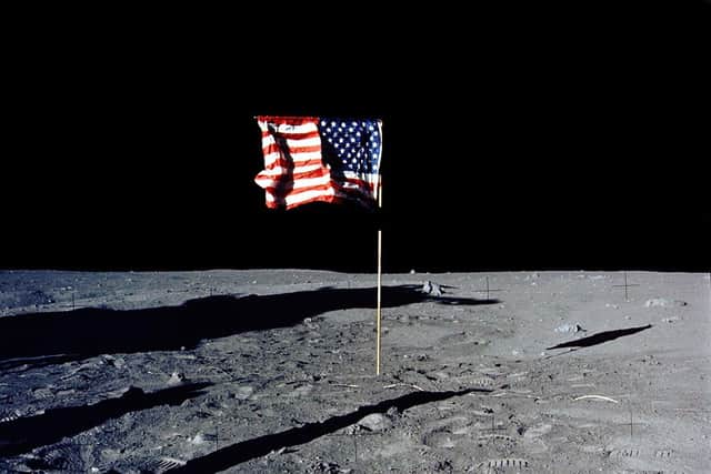 The flag of the United States stands alone on the surface of the moon. The 30th anniversary of the Apollo 11 Moon landing mission is celebrated July 20, 1999. (Photo by NASA/Newsmakers)