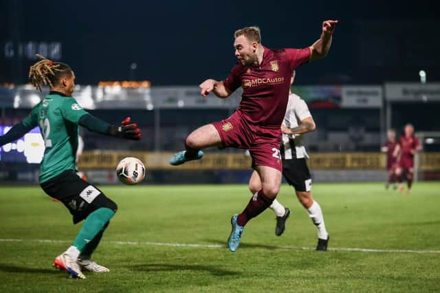 Chorley's leading marksman Connor Hall in action against Hereford (photo: Stefan Willoughby)