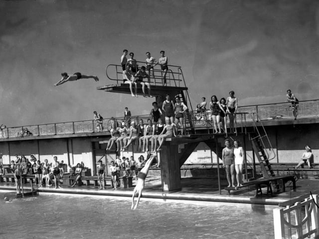 High diving fun at Fleetwood Open Air Baths. It says on the back of this picture that a young John Lennon learned to swim at the baths as a regular childhood visitor to his cousin's home in Fleetwood