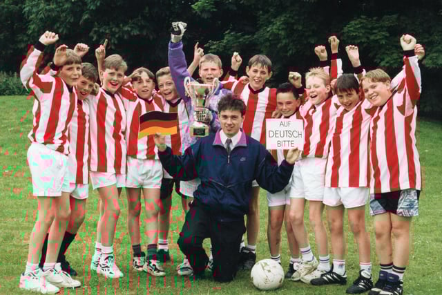A command of the German language is vital for this football squad because team manager Mark Taylor is head of German and demands that the only language use on the pitch is the language he teaches. The squad members - James Sharpe, Jason Duckworth, Gavin Halse, Philip Blackwell, Steven Martin, John Carroll, Andy Thomas, Michael Smithson, Craig Thompson and David Aindow - are pictured with Mark Taylor