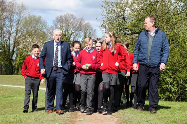 Sir Lindsay Hoyle joined the teachers and children on a walk around school grounds to raise money for Walk Against Hunger Charity.