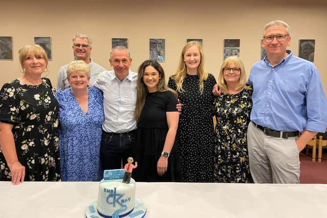 Damien's leaving do. From L to R: his sister Catherine, Angela, brother Kevin, Damien, neice Laura, daughter-in-law Hannah, sister Helen and brother Chris.