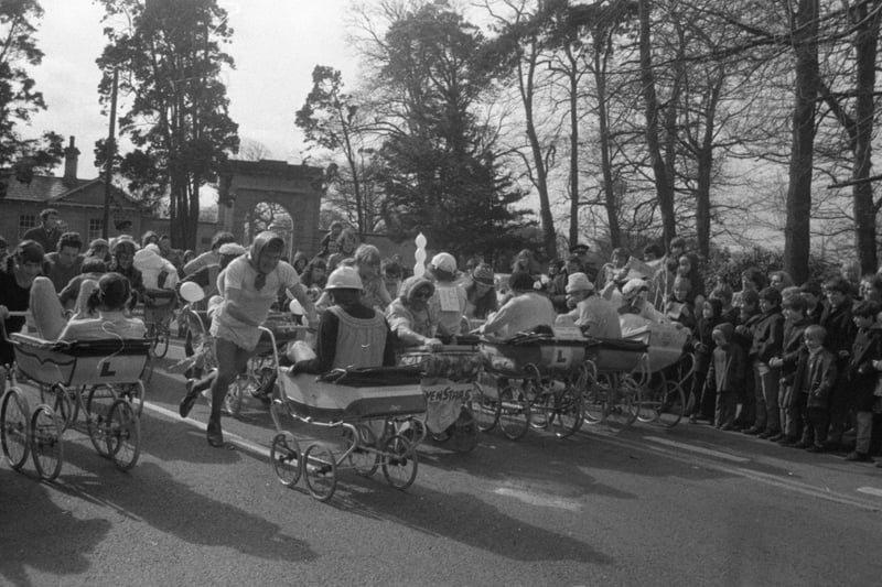 The annual Leyland pram race got off to a good start when the event was kicked off by skipper Graham Hawkins, Alan Kelly and George Ross from Preston North End. The race, held in Worden Park, was to raise money for the Leyland and District Committee of the Cancer Research Campaign