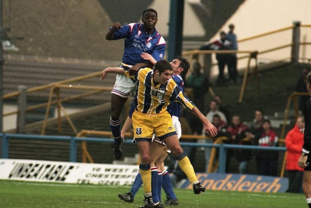 A remake of this 1994/95 away kit flew off the shelves recently. Allan Smart is the PNE player wearing it at Chesterfield