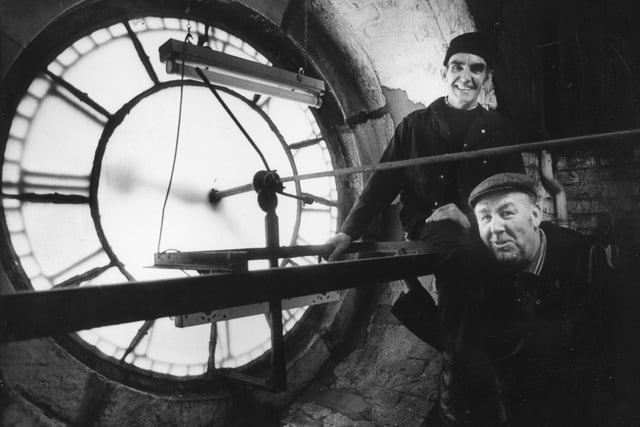 Since about 1979 the clock at the former workhouse on Watling Street Road in Fulwood has stood as a beacon to those living in the area and tells the time religiously. Pictured here are Harry Hall, a blacksmith based at Whittingham Hospital, and his assistant Tony Evans, at work behind the clock face, who were called in to bring the clock back to the condition it was in when first installed in 1868